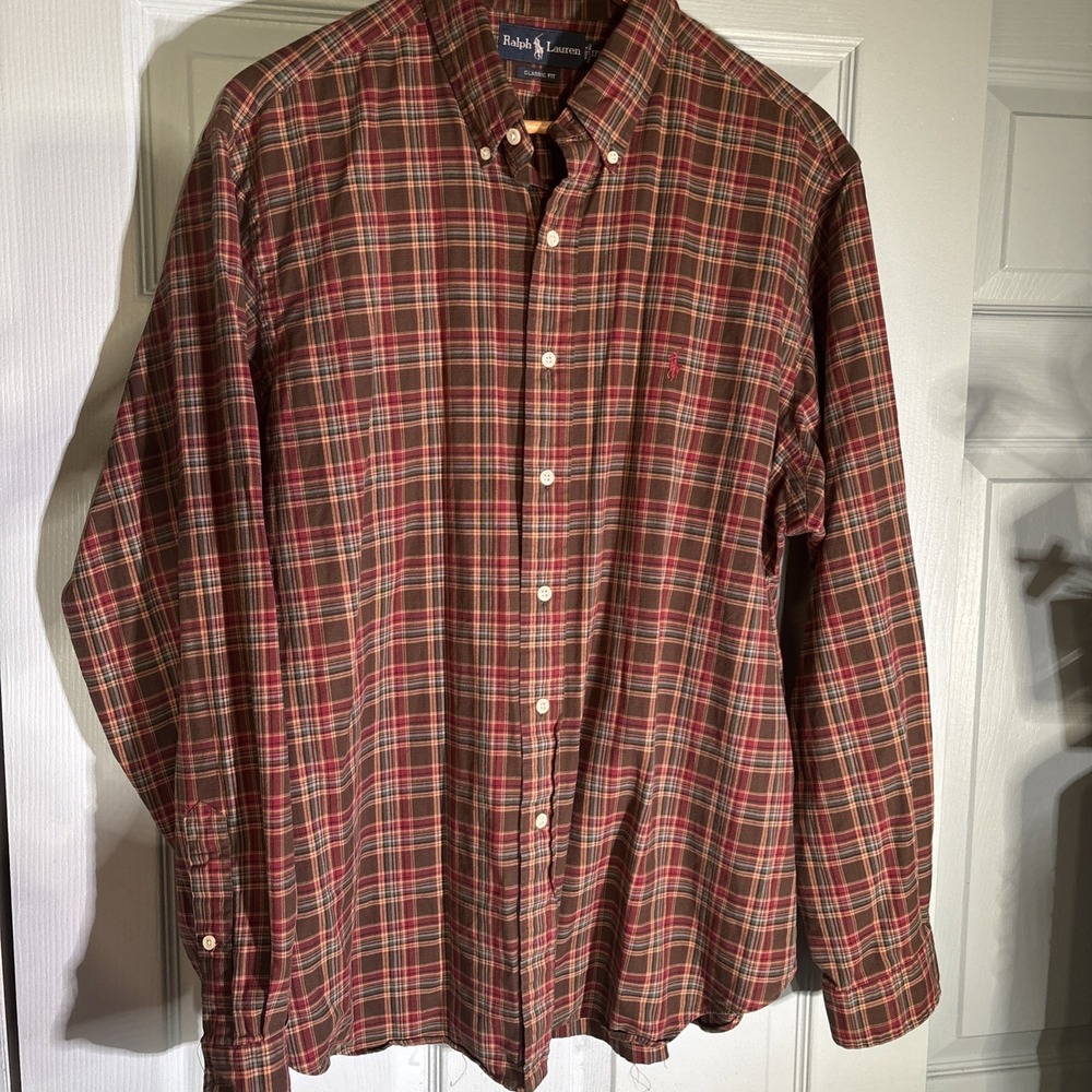 Men's Red Polo Ralph Lauren Button Down Plaid Shirt Size XL Classic Fit. Soft.